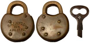 “S.&E.M’F’G.Co PAT. AUG.27.78.”. 1 3/4″ high x 1 3/8″ wide. Brass body. Brass sh