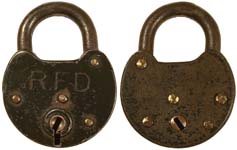 “R.F.D.” – Steel. 2 1/4″ high x 1 3/4″ wide. Steel body. Steel shackle.