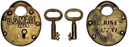 “U.S. MAIL 1852”. 2 1/4″ high x 1 9/16″ wide. Iron body. Iron shackle. “H. C. JO