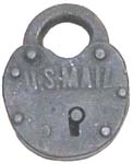 “U.S. MAIL”. 2 1/4″ high x 1 9/16″ wide. Iron body. Iron shackle.