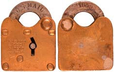 “U.S. MAIL” – “1852”. Brass body. Steel shackle.