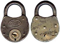 “U. S. MAIL CAR”. 3″ high x 2″ wide x 1/2″ deep. Steel body. Steel shackle.