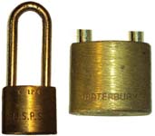 “U.S.P.S.”. 4 1/4″ high x 1 3/4″ wide. Brass body. Brass shackle.