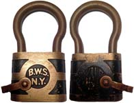 “B.W.S. N.Y.” – “YALE”. 4″ high x 2 1/16″ wide. Brass body. Brass shackle.