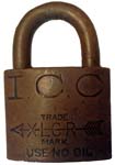 “I.C.C.” – “XLCR TRADE MARK” – “USE NO OIL”. 2″ wide. Brass body. Brass shackle.