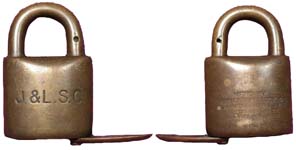 “J.&L.S.C.” – “CORBIN…”. Brass body. Brass shackle.