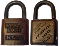 “N.T. Co SAFETY FIRST” – “BLOOM…”. 2 11/16″ high x 1 11/16″ wide. Brass body.