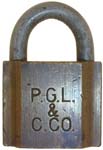 “P.G.L. & C. CO.”. 2 1/4″ high x 1 9/16″ wide x 5/8″ deep. Brass body. Steel sha