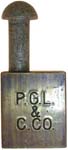 “P.G.L. & C. CO.”. 2 9/16″ high x 1 1/8″ wide x 9/16″ deep. Brass body. Steel sh