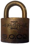 “S.O.CO” – “XLCR TRADE MARK”. 2″ wide. Brass body. Brass shackle. (P)