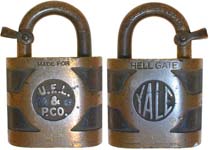 “U.E.L. & P. CO.”. 2 3/8″ high x 1 5/8″ wide x 3/4″ deep. Brass body. Brass shac