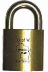 “U. of W. PHYSICAL PLANT PLATTEVILLE.”. Brass body. Steel shackle.