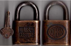 “U.S. CUSTOMS” – “CORBIN”. 3″ high. Brass body. Steel shackle.”The Kevin “Kev
