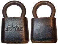 “U.S. CUSTOMS”. 3.66″ high x 2.09″ wide. Brass body. Steel shackle. “PAT JUNE 19