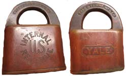 “U.S INTERNAL REVENUE” – “YALE”. 2 5/8″ high. Brass body.