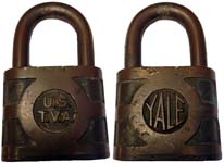 “U.S. T.V.A.” – “YALE”. 3 7/16″ high x 2 1/8″ wide. Brass body. Brass shackle.