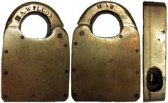 “H.A.W ? LCOX.” – “H ? W”. 2 1/4″ wide x 3 3/8″ high. Brass body. Brass shackle.