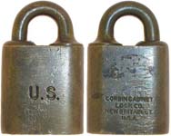 “U.S.”. 1 1/8″ wide. Brass body. Brass shackle. Keyway: Paracentric. “CORBIN CAB