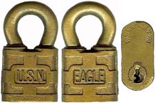 “U.S.N. STOREROOM” – “EAGLE”. 1 3/16″ wide x 5/16″ shackle diameter x 5/8″ shack