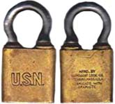 “U.S.N.”. 2 1/8″ high x 1 1/8″ wide. Brass body. Steel shackle. No Clevis. Keywa
