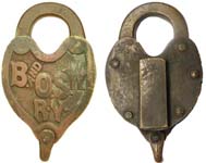 “B. AND O.S.W. R•Y•”. Brass body. Brass shackle.