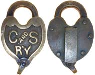 “C. AND S. R’Y.” 2 5/8″ wide. Brass body. Brass shackle.
