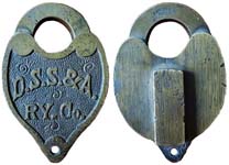 “D.S.S.&A. RY. Co.”. Brass body. Brass shackle.