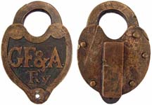 “G.F.&A. R’y.”. 4″ high x 2 1/2″ wide. Brass body. Brass shackle.