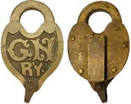 “G.N. R’Y.”. Brass body. Brass shackle.