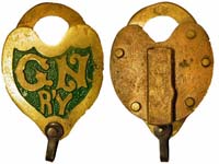 “G.N. R’Y.”. Brass body. Brass shackle.