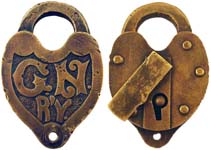 “G.N. R’Y.”. Brass body. Brass shackle.