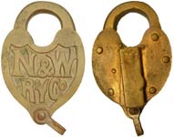 “N.&W R’Y Co.”. Brass body. Brass shackle.