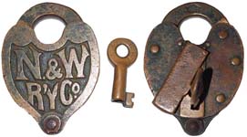 “N.&W R’Y Co.”. Brass body. Brass shackle.