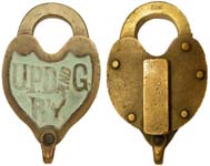“U.P.D.ANDG. R’Y.”. Brass body. Brass shackle.