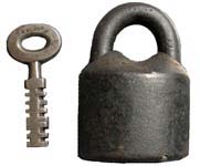 “F. KLING”. 3 3/4″ high. Iron body. Iron shackle. Original iron post key. “F. KL