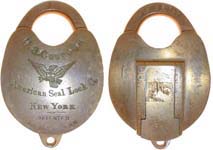 “U.S. CUSTOMS” – “American Seal Lock Co.”. 4″ high x 2 11/16″ wide. Brass body.