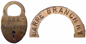 “B.B.B. SIX LEVER” – “BARRE BRANCH RY”. Stamped Brass body. Brass shackle. Sold