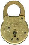 “J. W. M. Co LANCASTER, PA. SIX LEVERS” – Barrel Key – Brass. 3 1/16″ high x 2″