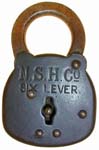 “N. S. H. Co SIX LEVER”. 3 1/8″ high x 2″ wide x 7/16″ deep. Stamped Steel body.