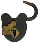 “D. M & Co”. 4 3/4″ high x 3 1/8″ wide. Iron body. Iron shackle. The reverse of