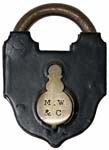 “M. W & Co”. 3 3/8″ high x 2 7/16″ wide x 5/8″ deep. Iron body. Iron shackle.