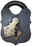“M. W & Co”. 4 1/4″ high. Iron body. Iron shackle.