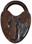 “M. W & Co”. 3 1/4″ high x 2 1/4″ wide. Iron body. Iron shackle.