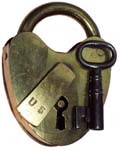 “U. S.”. 3 1/4″ high x 2 7/16″ wide x 5/16″ shackle diameter. Brass body. Brass