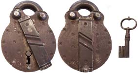“H. C. JONES”. 5 3/8″ high x 3 3/4″ wide. Steel body. Steel shackle. This is a 1