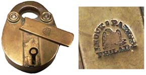 “J. NOCK PATENT PHILAD”. 4 1/2″ high x 3 1/4″ wide x 15/16″ deep. Brass body. Br