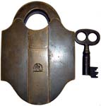 “J. NOCK PATENT PHILAD”. 5 1/2″ high. Brass body. Brass shackle.Patent # 1243.