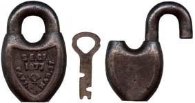 “S.E. CO. PATD. MAR. 27. 1887.”. 3 1/8″ high x 2″ wide. Iron body. Iron shackle.