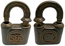 “S.E.Co”. Steel body. Brass shackle. Keyway: Flat. “STAUFFER ESHLEMAN & CO” is e