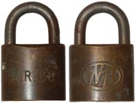 “A. R. CO”. 1 3/4″ wide. Brass body. Steel shackle. “A” keyway. Catalog #: 621.